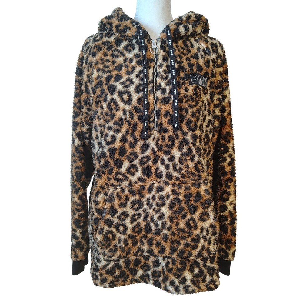 Victoria's Secret PINK Leopard Fleece Fuzzy Half Zip Hoodie Pullover Small